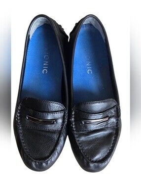 Vionic Ashby Black Leather Penny Loaers Driving Mocs Orthotic Support Size 9.5